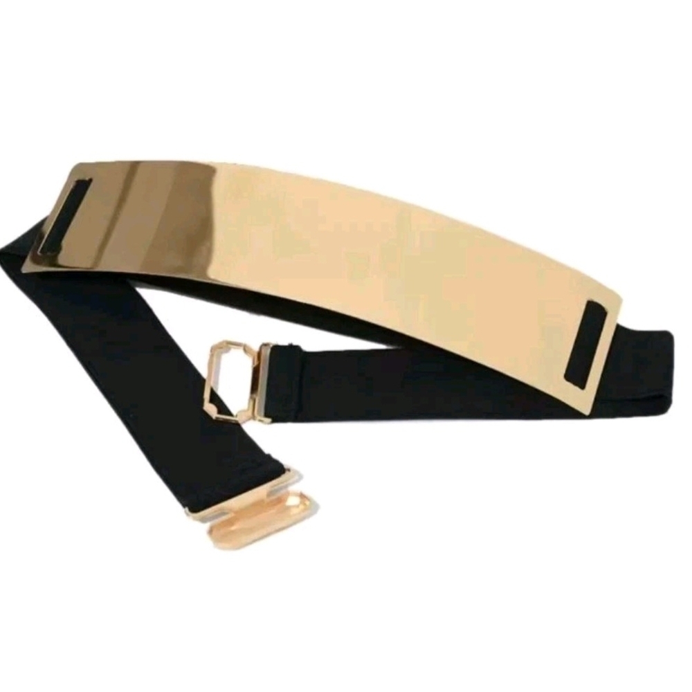Mirror Gold Tone Metal Plate Black Elastic Stretch Waist Belt